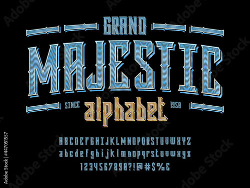 Majestic style alphabet design with uppercase, lowercase, numbers and symbols