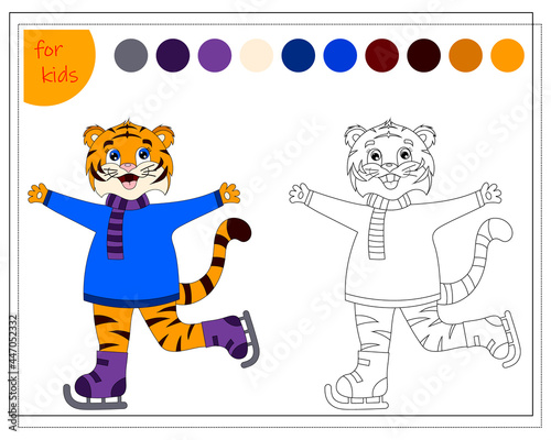 coloring book for children by colors, cartoon tiger skating, symbol of the year, vector isolated on a white background