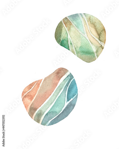 Sea pebbles watercolour as design elements. Sea stones colourful. Sea rocks. Hand drawn painting. Isolated on white background.