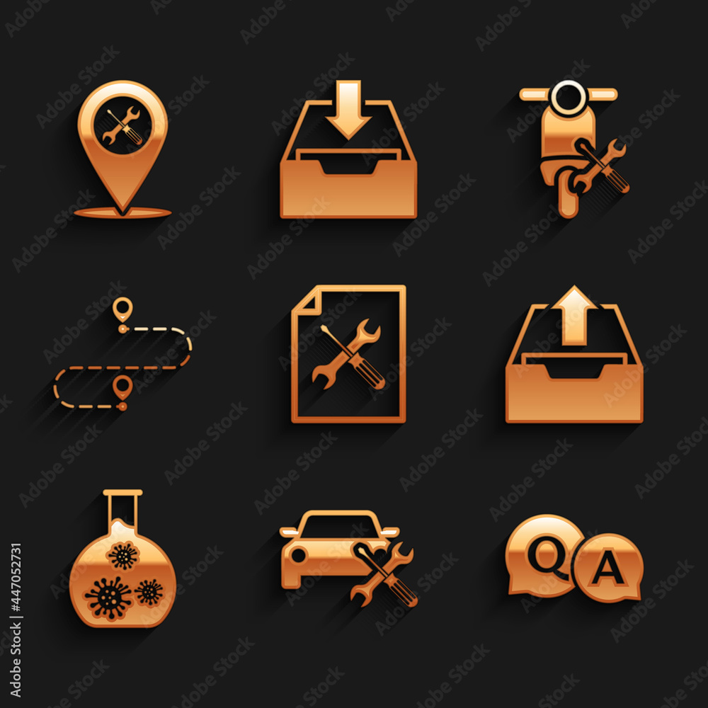 Set File document service, Car, Question and Answer, Upload inbox, Test tube with virus, Route location, Scooter and Location icon. Vector Set File document service, Car, Question and Answer, Upload inbox, Test tube with virus, Route location, Scooter and Location icon. Vector