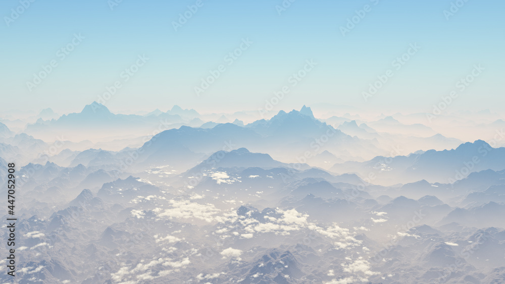 Climate change, panoramic view of a mountain range in a desert area at dawn. Raising the temperature. Arid and dry areas. Mountains and clouds. Global warming. 3d rendering