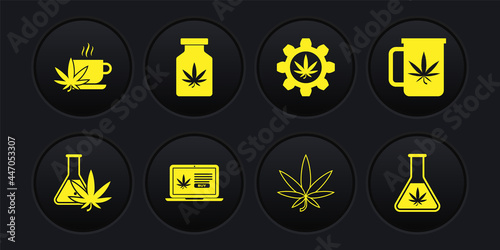 Set Test tube with marijuana, Cup tea, Online buying, Marijuana or cannabis leaf, Medical bottle, and icon. Vector