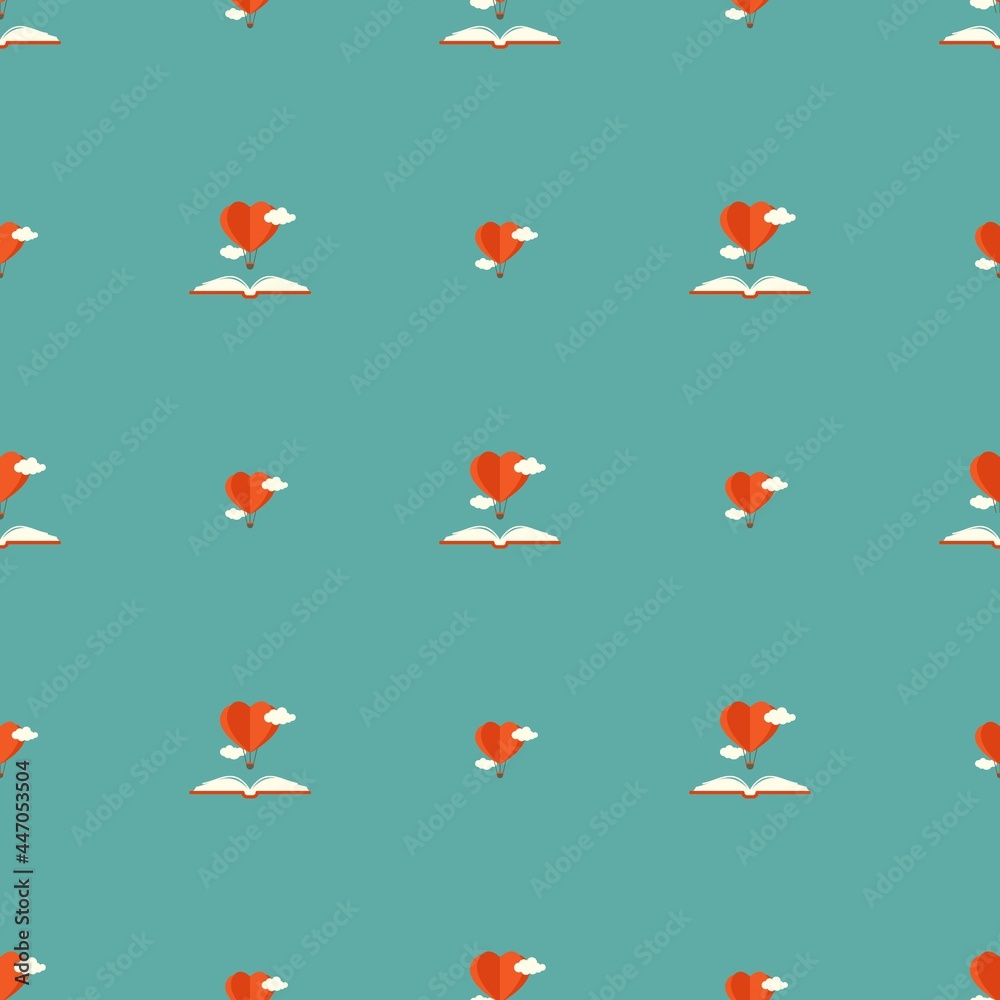 Seamless pattern with open books, red heart air balloons and clouds on blue background Seamless pattern with open books, red heart air balloons and clouds on blue background