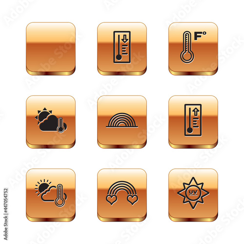 Set Rainbow with sun, Thermometer and cloud,, heart, Meteorology thermometer, UV protection and icon. Vector