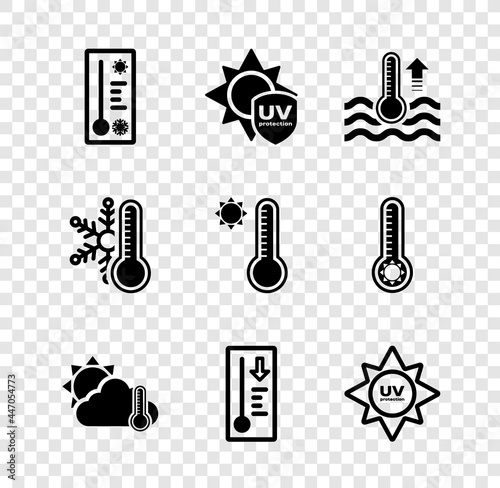 Set Meteorology thermometer, UV protection, Water, Thermometer and cloud, sun, with snowflake and icon. Vector