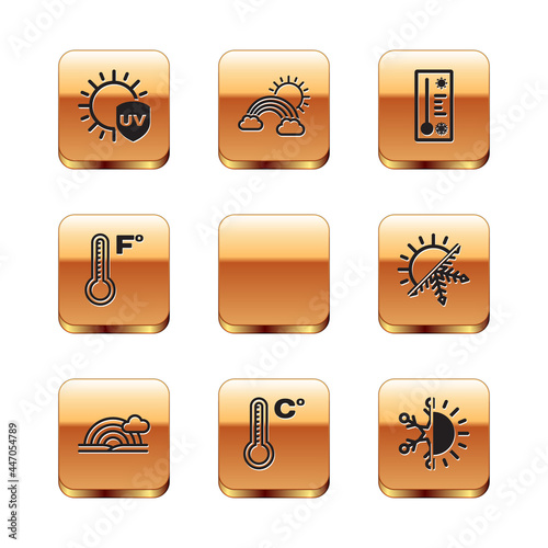 Set UV protection, Rainbow with cloud, Meteorology thermometer, sun, Sun and snowflake and clouds icon. Vector