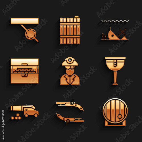 Set Pirate captain, Vintage pistols, Wooden barrel, pirate leg, Cannon with cannonballs, Antique treasure chest, Sunken ship and eye patch icon. Vector