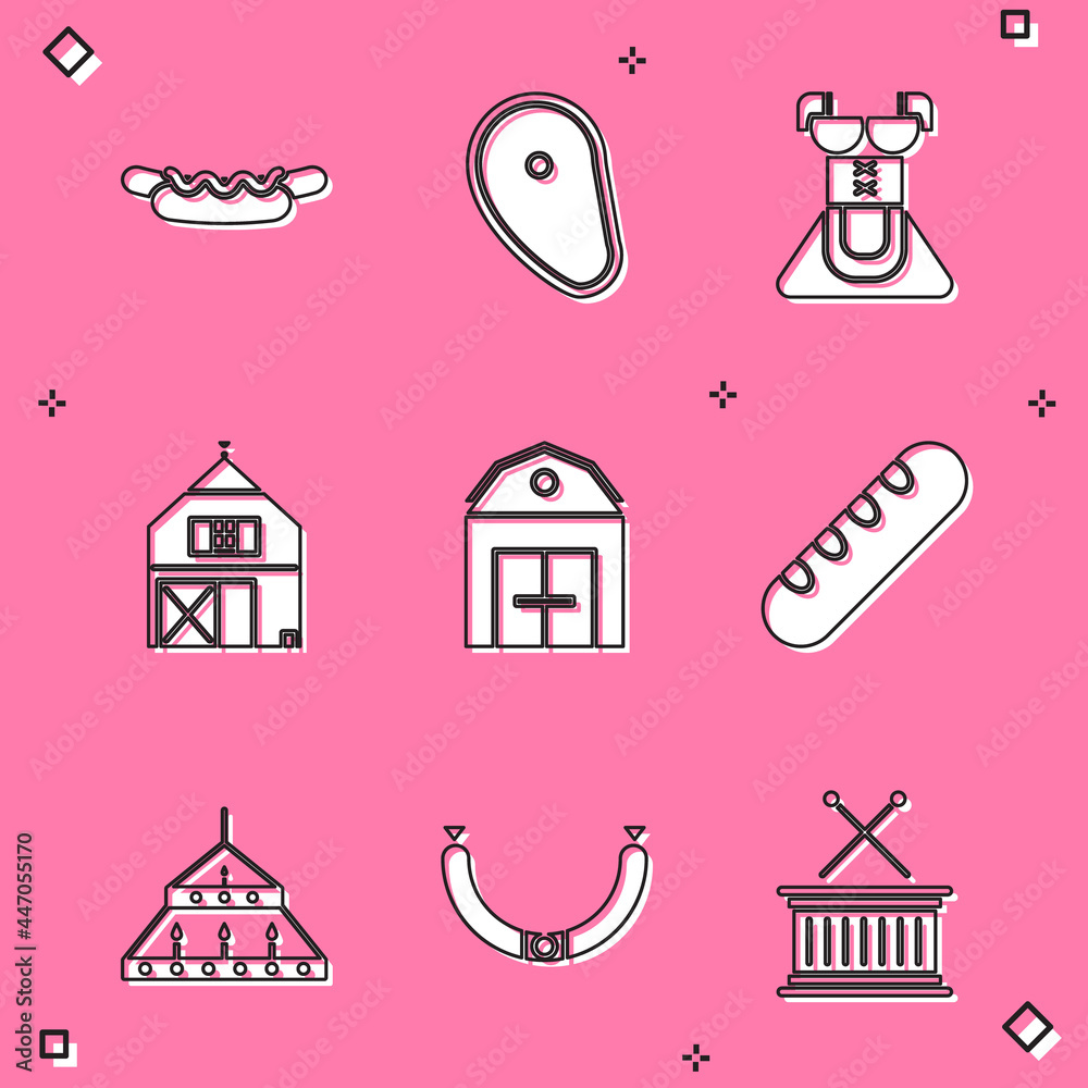 Fototapeta premium Set Hotdog sandwich, Steak meat, Costume for women dirndl, Farm House, French baguette bread, Massive steel chandelier and Sausage icon. Vector