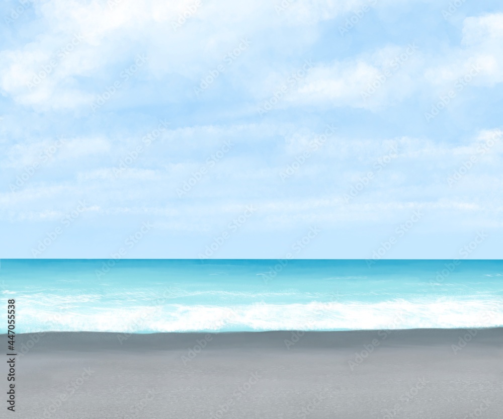 Qixingtan beach, a digital painting of seascape of sand and rock beach with blue sky and sea in Hualien, Taiwan raster 3D illustration anime background.