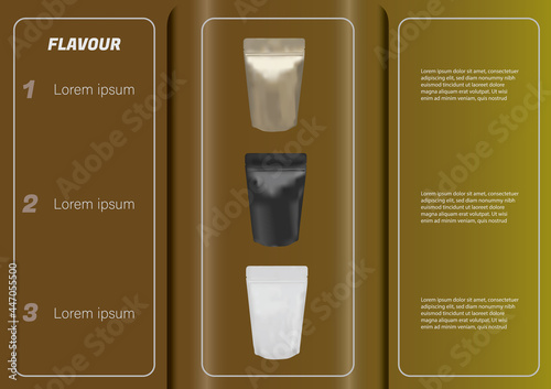 Aluminum zip bag product brochure with 3 flavors. Food packaging mockup template Vector and illustration design.