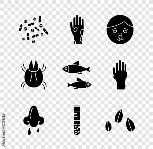 Set Medicine pill or tablet, Hand with psoriasis eczema, Runny nose, Test tube flask, Sesame seeds, Parasite mite and Fish icon. Vector