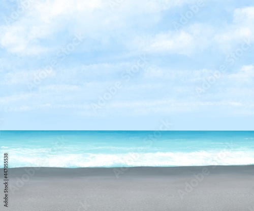 Qixingtan beach, a digital painting of seascape of sand and rock beach with blue sky and sea in Hualien, Taiwan raster 3D illustration anime background.