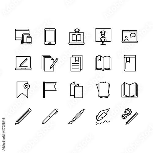 Studies and learning flat line icons set. Stationery tools, bookmark, folder, document, gadgets and electronic devices. Simple flat vector illustration for graphic and web design