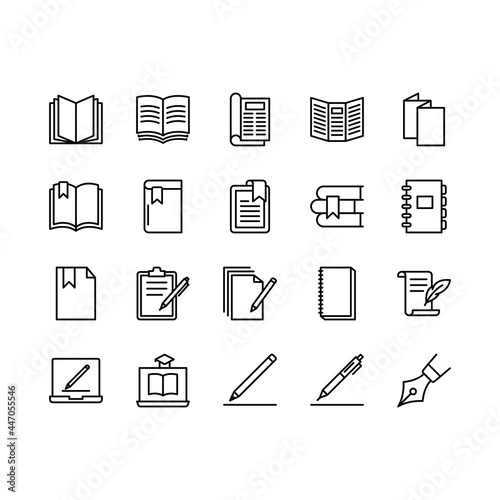 Studies and learning flat line icons set. Stationery tools, bookmark, folder, document, gadgets and electronic devices. Simple flat vector illustration for graphic and web design