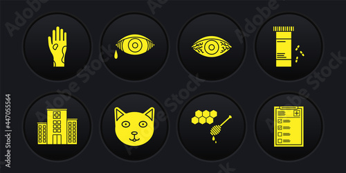 Set Medical hospital building, Medicine bottle and pills, Pet, Honeycomb with honey dipper, Reddish eye allergic conjunctivitis, Clinical record and Hand psoriasis eczema icon. Vector