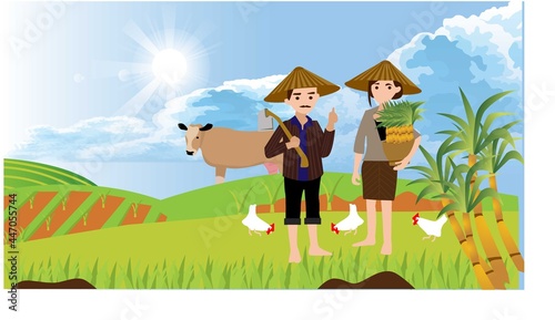 working in rice field, picking tea, carrying big jug with laundry. Traditional crafts, manual labor, agriculture. Flat hand drawn vector. 