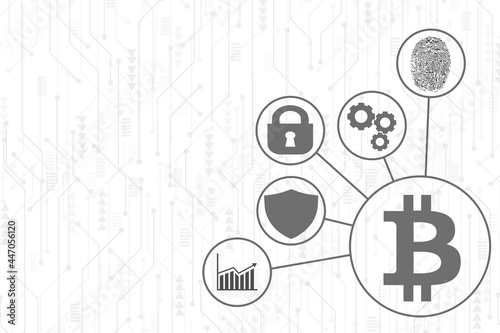 Bitcoin, padlock, fingerprint, diagram, shield on white circuit board background. Cryptocurrency, blockchain trade, market concept