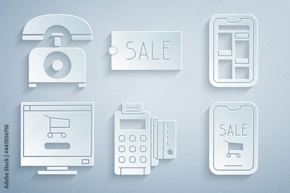 Set POS terminal with credit card, Online shopping on phone, Shopping cart computer, Mobile and, Price tag text Sale and Telephone icon. Vector Set POS terminal with credit card, Online shopping on phone, Shopping cart computer, Mobile and, Price tag text Sale and Telephone icon. Vector