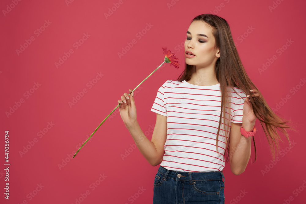 cute girl with red flower striped t-shirt cropped look luxury