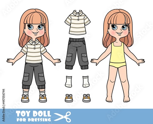 Cartoon girl with long straight hair in underwear, dressed and clothes separately - collared T-shirt, elasticated breeches and sneakers doll for dressing