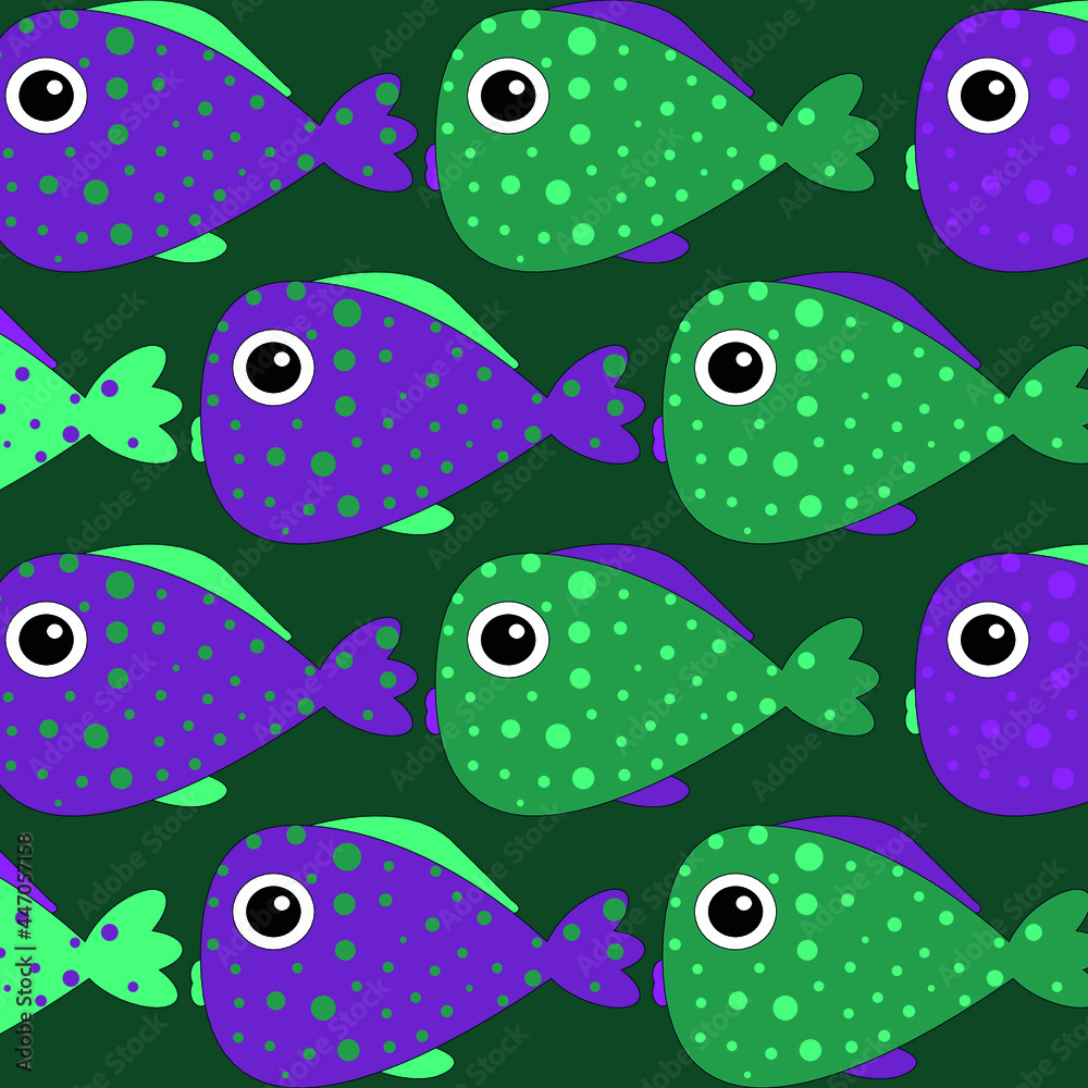 vector pattern with cute purple and green decorative fish. Funny multicolor background, sea texture vector pattern with cute purple and green decorative fish. Funny multicolor background, sea texture