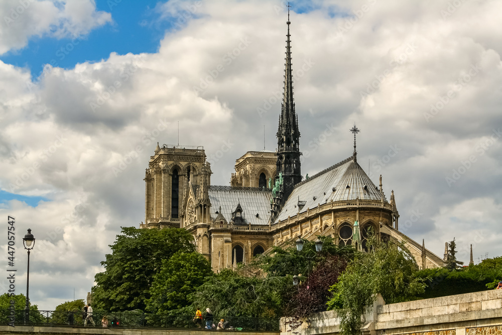 Rear view of Notre Dame Cathedral in Paris before the fire. Rear view of Notre Dame Cathedral in Paris before the fire.