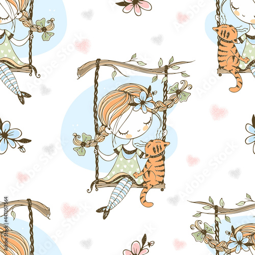 A cute girl with pigtails swings on a swing with her cat. Vector.