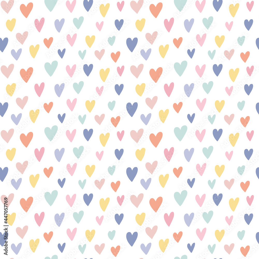 Obraz premium Cute simple childish seamless pattern with hand drawn watercolor rainbow colors hearts on white backdrop. Sweet vector background. Children textile, fabric, print, wrapping paper, texture, surface.