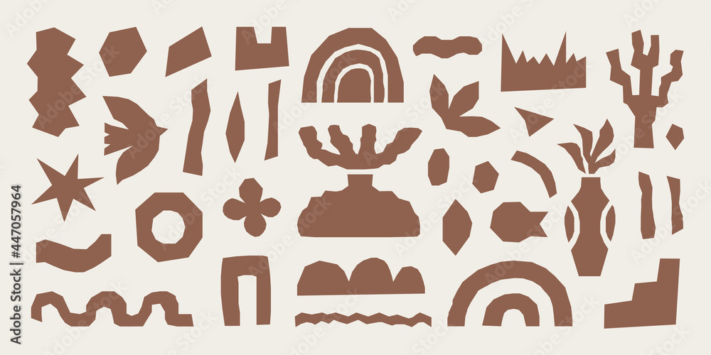 Inspired Matisse  set  with brown cutting  organic shapes and objects. Modern creative minimal design. Vector illustration
