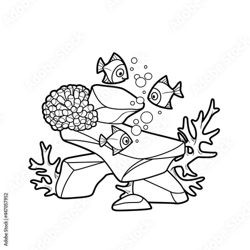 Corals and anemones grow on rocks and fish nearby coloring book linear drawing isolated on white background