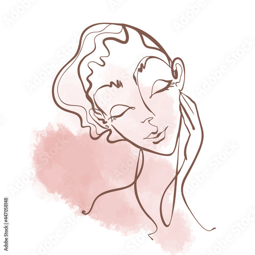 Line art. The girl s face is drawn with one line. Cosmetology logo. Beauty salon.On a watercolor spot. Vector