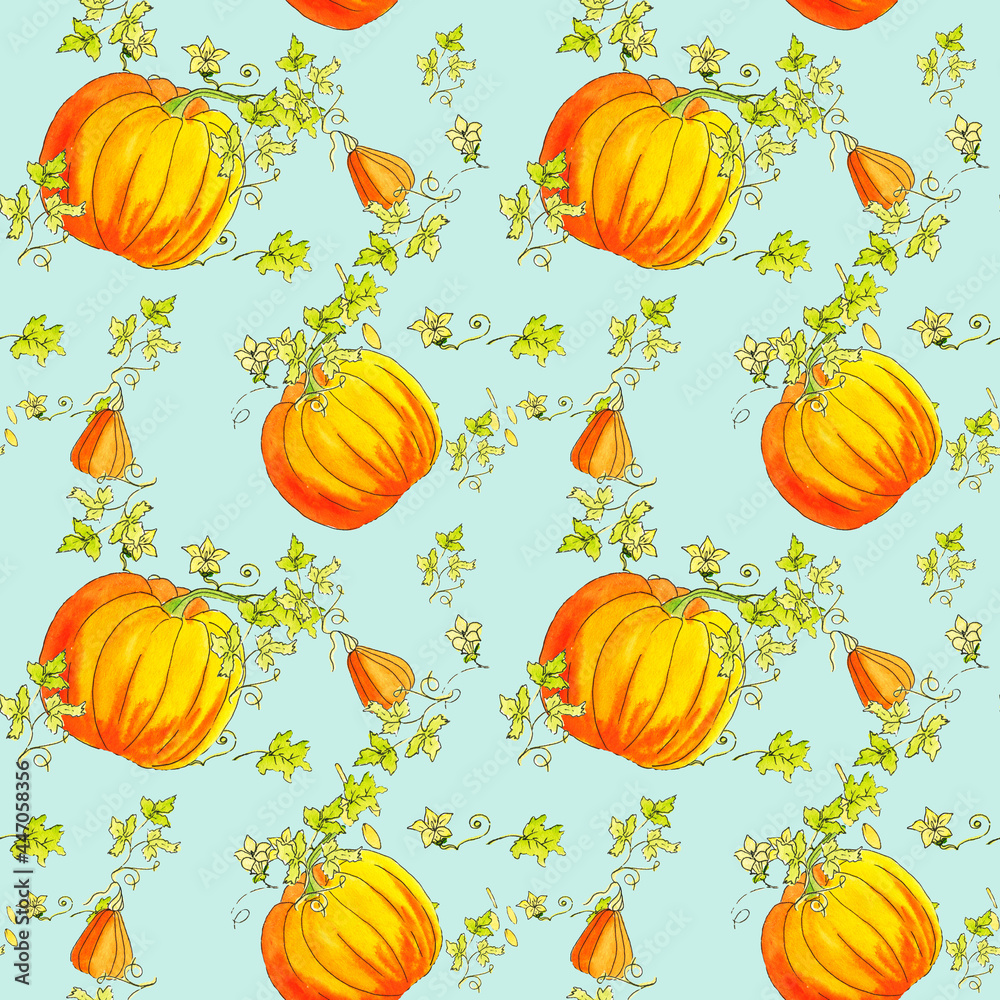 Watercolor, Seamless, paper, pattern, Pumpkins, orange autumn pumpkin fruits.The background is seamless paper.