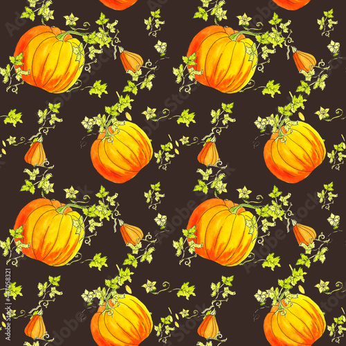 Watercolor  Seamless  paper  pattern  Pumpkins  orange autumn pumpkin fruits.The background is seamless paper.