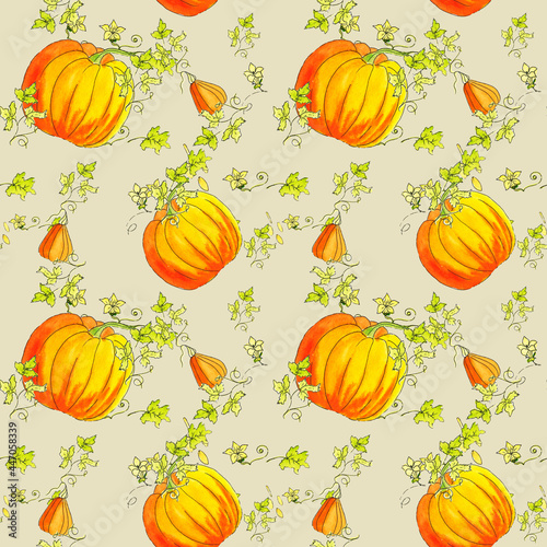 Watercolor, Seamless, paper, pattern, Pumpkins, orange autumn pumpkin fruits.The background is seamless paper.