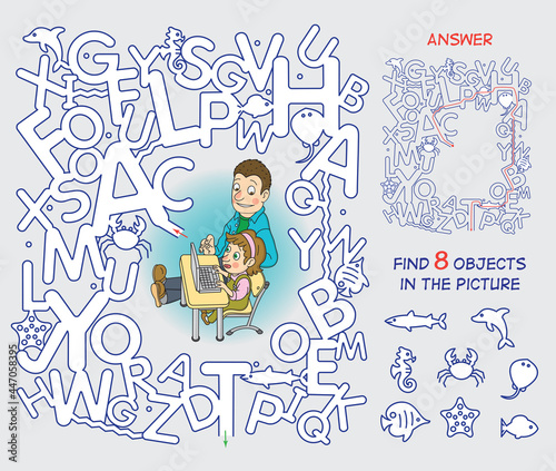 Online lesson. Go through the maze and find 8 hidden objects. Funny cartoon character. Vector illustration.