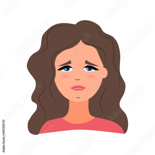 A sad young woman in a flat style. Avatar is a frustrated brunette girl. Vector illustration