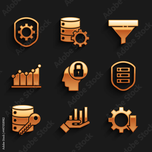Set Human head with lock, Pie chart infographic, Cost reduction, Server shield, security key, Sales funnel and Shield settings gear icon. Vector