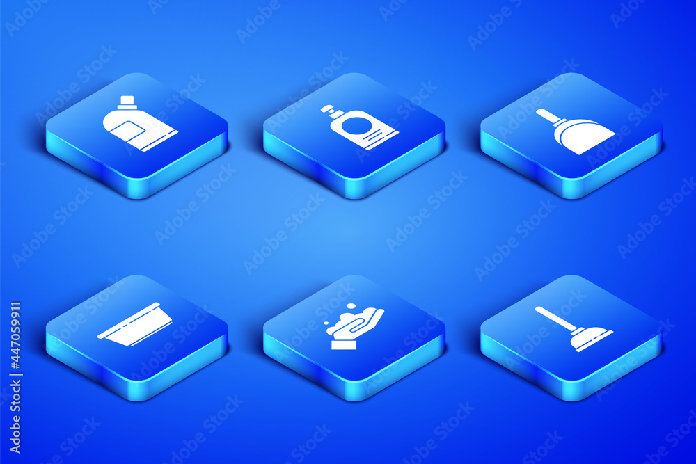 Set Rubber plunger, Bottles for cleaning agent, Washing hands with soap, Plastic basin, Hand sanitizer bottle and Dustpan icon. Vector Set Rubber plunger, Bottles for cleaning agent, Washing hands with soap, Plastic basin, Hand sanitizer bottle and Dustpan icon. Vector