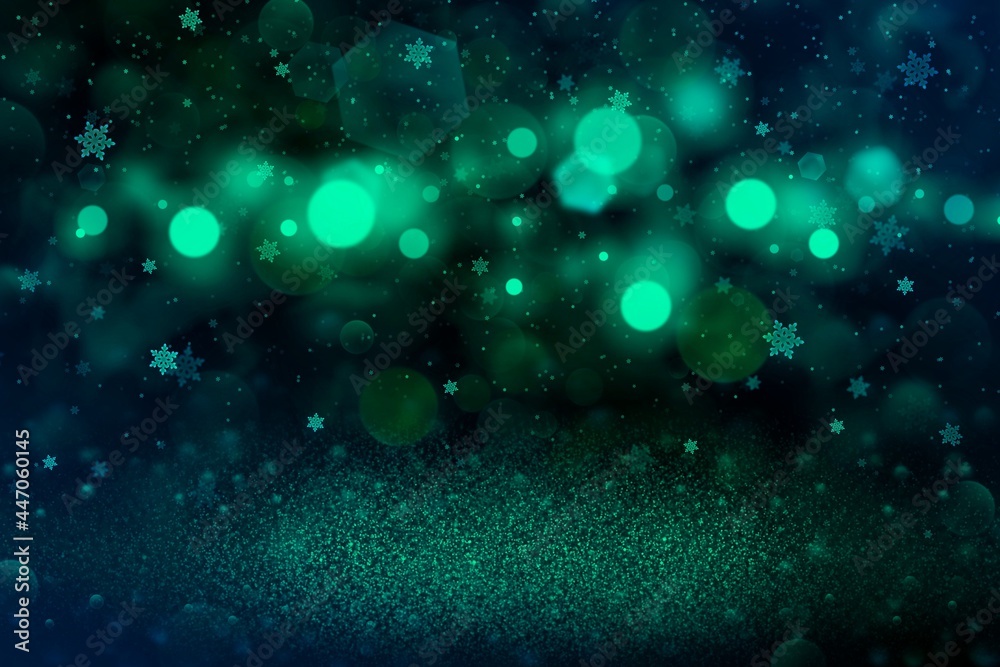 pretty brilliant glitter lights defocused bokeh abstract background with falling snow flakes fly, festival mockup texture with blank space for your content