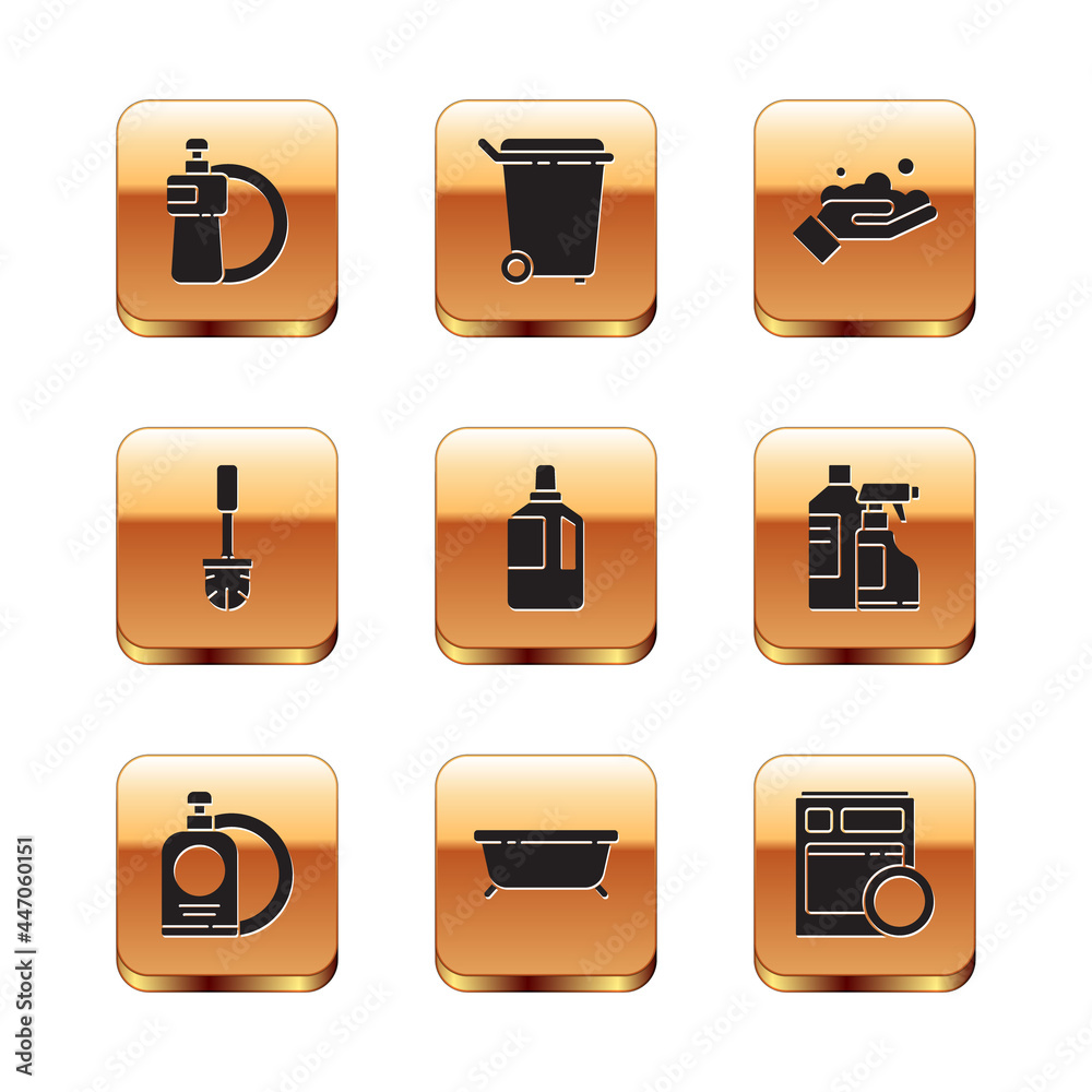 Set Dishwashing liquid bottle and plate, Bathtub, Fabric softener, Toilet brush, Washing hands with soap, Kitchen dishwasher machine and Trash can icon. Vector Set Dishwashing liquid bottle and plate, Bathtub, Fabric softener, Toilet brush, Washing hands with soap, Kitchen dishwasher machine and Trash can icon. Vector