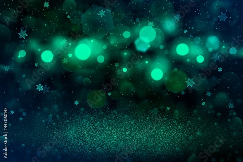 pretty brilliant glitter lights defocused bokeh abstract background with falling snow flakes fly, festival mockup texture with blank space for your content
