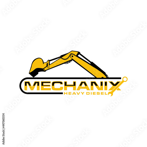 Wordmark and pictorial logo or combination reflecting the mining heavy diesel engine industry, incorporating an image of an excavator arm or bucket and a spanner or wrench 