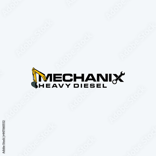 Wordmark and pictorial logo or combination reflecting the mining heavy diesel engine industry, incorporating an image of an excavator arm or bucket and a spanner or wrench 