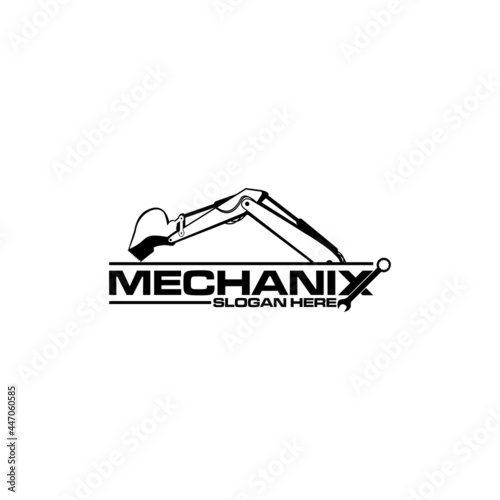 Wordmark and pictorial logo or combination reflecting the mining heavy diesel engine industry, incorporating an image of an excavator arm or bucket and a spanner or wrench 