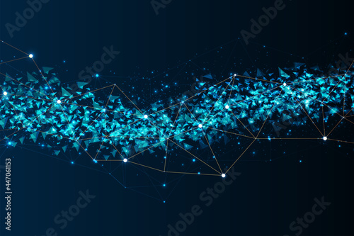 Abstract blue background of golden points and lines. Network or connection concept. Abstract technology science background