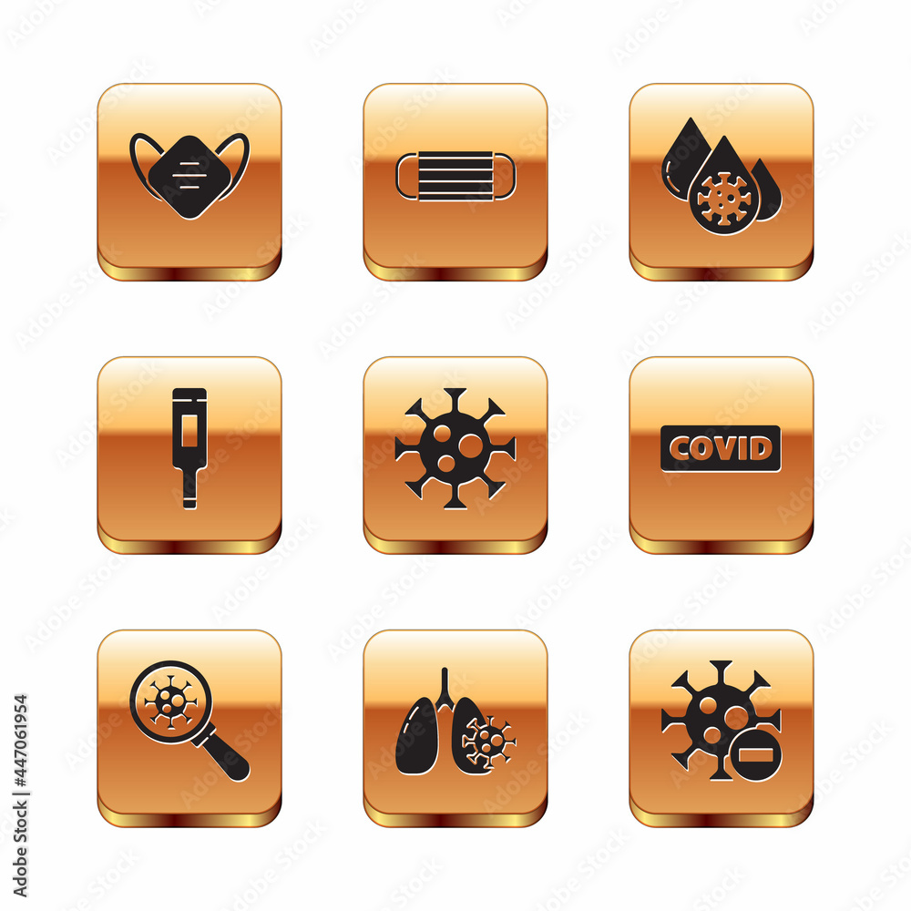 Set Medical protective mask, Virus under magnifying glass, cells lung, thermometer, Blood test and virus, Negative and icon. Vector Set Medical protective mask, Virus under magnifying glass, cells lung, thermometer, Blood test and virus, Negative and icon. Vector