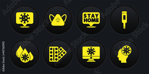 Set Blood test and virus, Medical thermometer, Pills in blister pack, Virus statistics on monitor, Stay home, protective mask, Human and Corona location icon. Vector