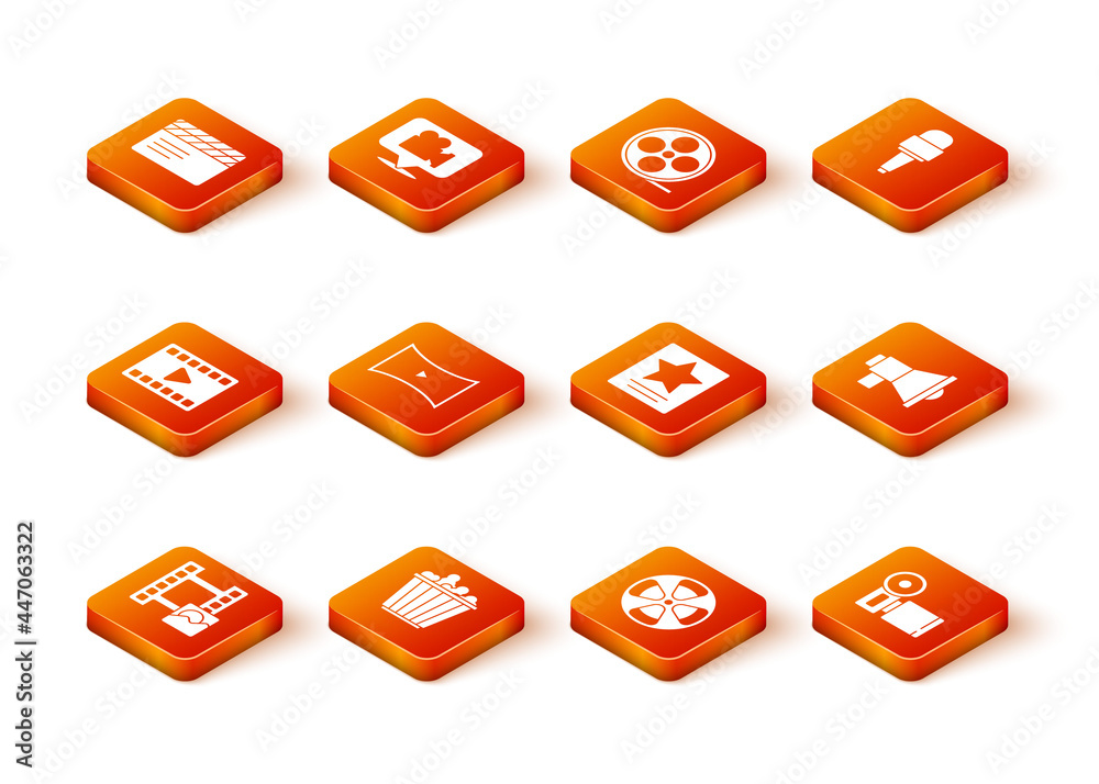 Set Play Video, Popcorn in box, Online play video, Film reel, Hollywood walk of fame star, Cinema camera and Megaphone icon. Vector Set Play Video, Popcorn in box, Online play video, Film reel, Hollywood walk of fame star, Cinema camera and Megaphone icon. Vector