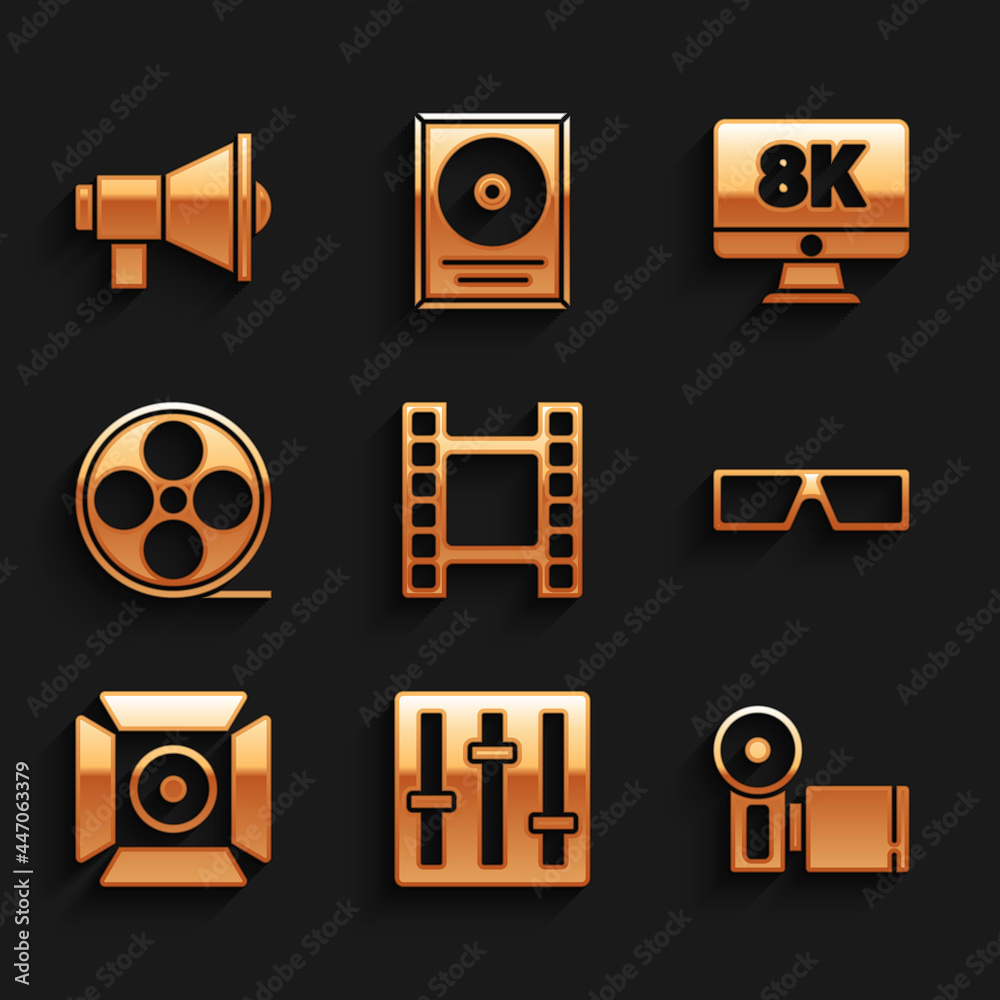 Set Play Video, Sound mixer controller, Cinema camera, 3D cinema glasses, Movie spotlight, Film reel, Monitor with 8k and Megaphone icon. Vector Set Play Video, Sound mixer controller, Cinema camera, 3D cinema glasses, Movie spotlight, Film reel, Monitor with 8k and Megaphone icon. Vector