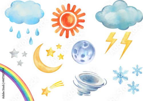 水彩風のポップカラーのお天気セット　ベクター素材